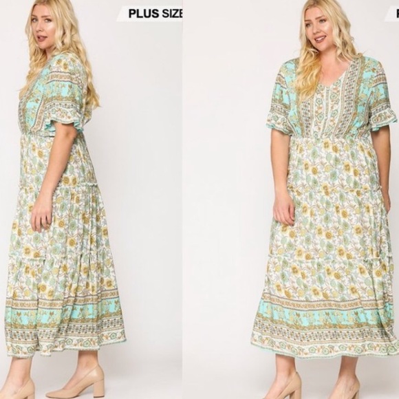 GiGio Boho Floral Print Ruffle Maxi Dress In Mint Mix. NWT! Sz M & L - Picture 1 of 13